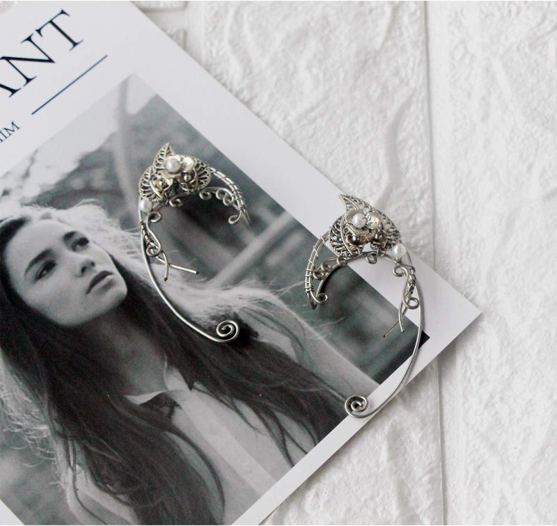 Yolmina Elven Ear Cuffs for Women, Handmade Elf Fairy Earrings Cuff Wrap Clip-on Filigree Earrings for Fantasy Fairy Halloween Costume, Cosplay, Wedding, Handcraft (Silver) - Image 3